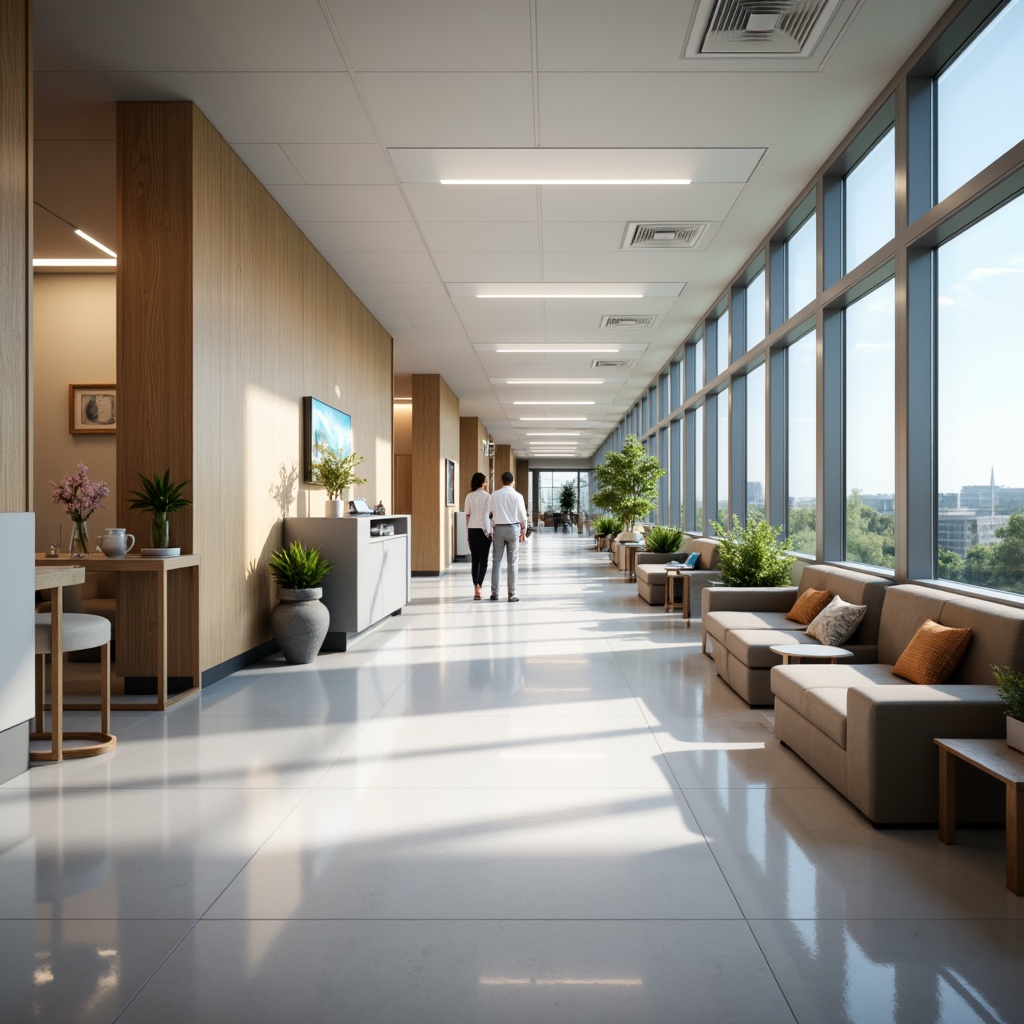 Prompt: Sleek hospital corridors, polished floors, minimalist decor, calming color schemes, natural light, floor-to-ceiling windows, modern medical equipment, stainless steel surfaces, ergonomic furniture, comfortable waiting areas, soothing artwork, subtle textures, ambient lighting, shallow depth of field, 1/1 composition, realistic renderings, soft focus, warm color tones, peaceful atmosphere.