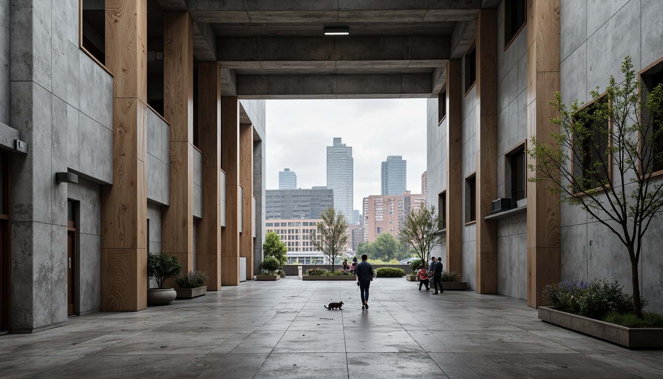 Prompt: Rough concrete walls, industrial metal beams, raw wooden accents, minimalist decorative elements, functional simplicity, bold geometric shapes, primary color schemes, brutalist influences, urban cityscape, overcast skies, dramatic shadows, high-contrast lighting, 1/1 composition, symmetrical framing, abstract textures, ambient occlusion.