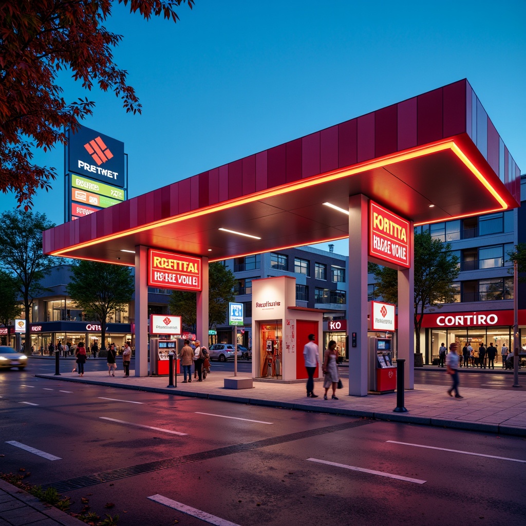 Prompt: Vibrant gas station, bold color scheme, bright LED lights, neon signs, modern fuel pumps, sleek metal canopies, glossy paint finishes, reflective glass surfaces, angular lines, dynamic shapes, urban cityscape, busy streets, rush hour atmosphere, warm sunny day, shallow depth of field, 1/1 composition, realistic textures, ambient occlusion.