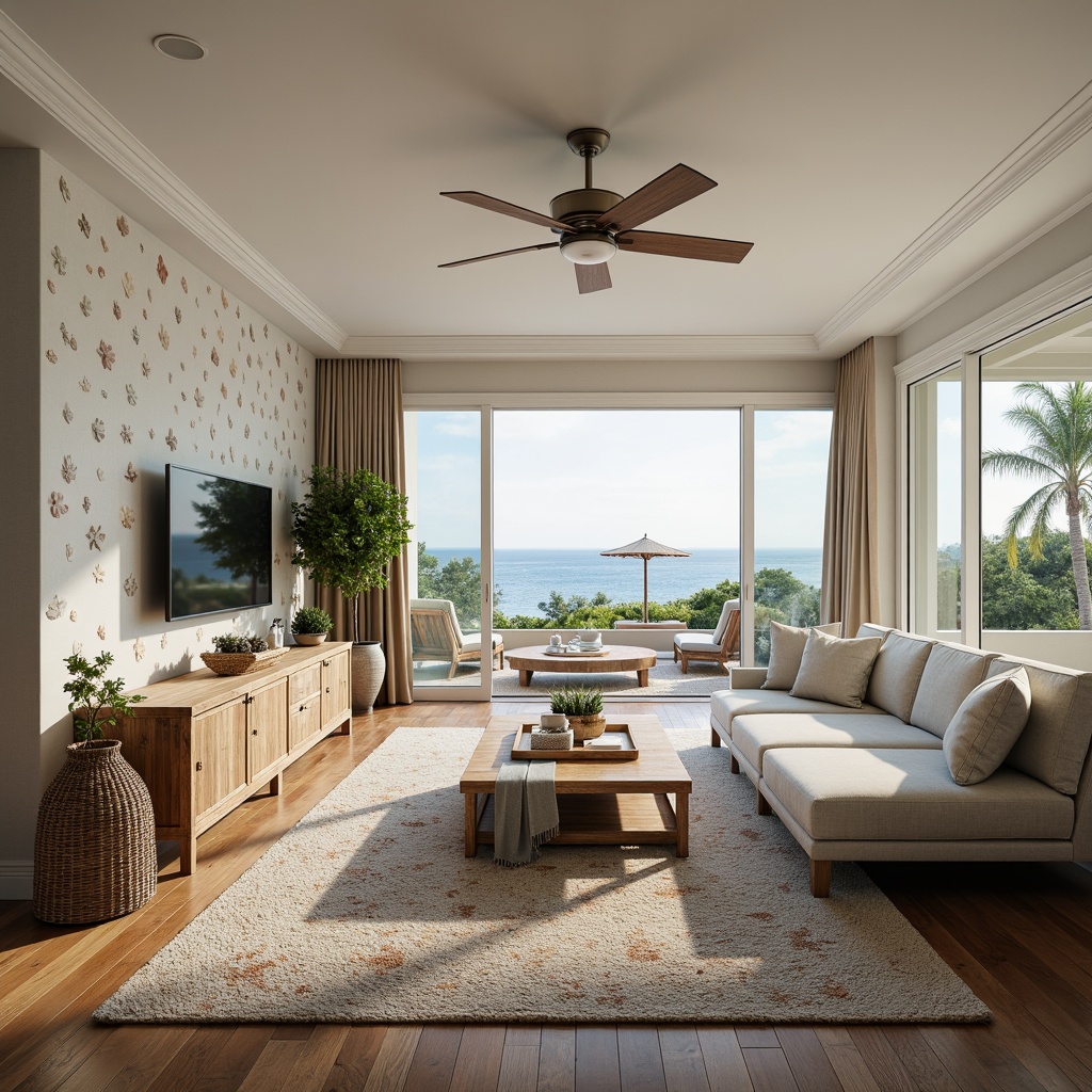 Prompt: Coastal living room, ocean-inspired color palette, driftwood accents, natural textiles, woven sea grass furniture, coral-patterned rugs, shell-adorned decorative walls, floor-to-ceiling windows, sliding glass doors, panoramic ocean views, soft warm lighting, beachy ambiance, minimalist decor, nautical-themed accessories, distressed wood flooring, plush sectional sofas, built-in shelving units, tropical plants, calming atmosphere, 1/1 composition, realistic reflections, ambient occlusion.