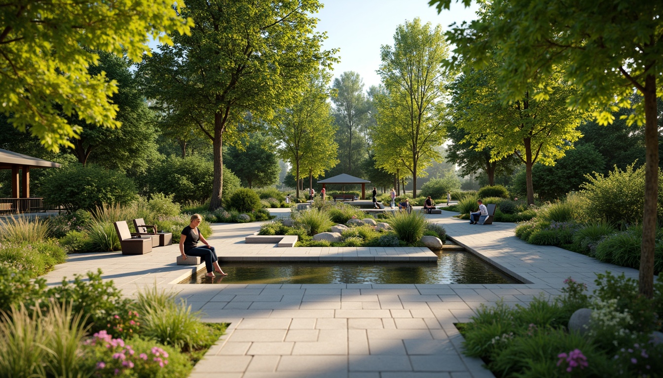 Prompt: Soothing healing garden, lush greenery, calming water features, serene walking paths, natural stone benches, vibrant flowers, gentle slopes, wheelchair-accessible ramps, sensory gardens, aromatic herbs, soft rustling leaves, warm sunny day, dappled shade, shallow depth of field, 1/1 composition, realistic textures, ambient occlusion, peaceful atmosphere.