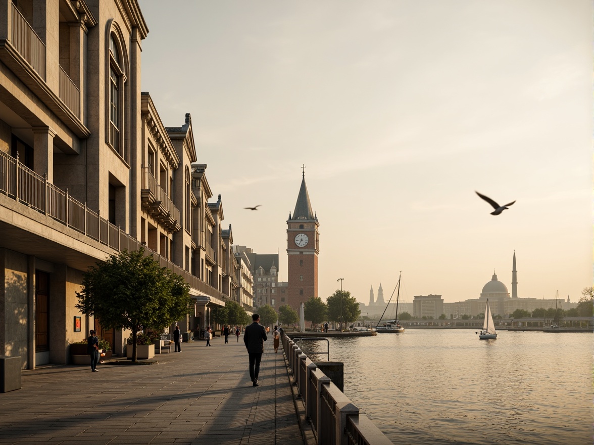 Prompt: Riverfront promenade, ornate balustrades, grandiose columns, symmetrical facades, classical arches, elegant cornices, limestone buildings, majestic clock towers, tranquil water reflections, sailboats, seagulls, misty morning atmosphere, warm golden lighting, shallow depth of field, 1/2 composition, panoramic view, realistic textures, ambient occlusion.