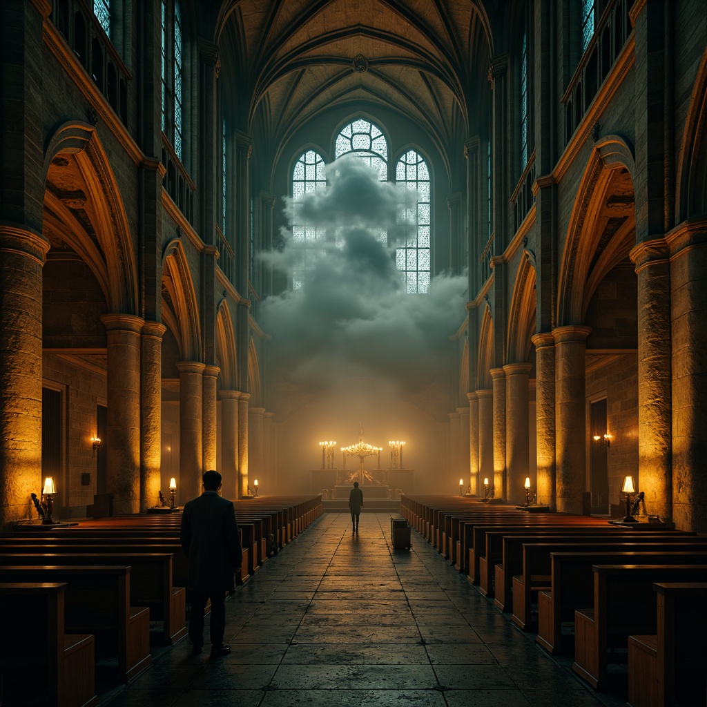 Prompt: Mysterious Gothic cathedral, khaki stone walls, ornate carvings, stained glass windows, grandiose vaulted ceilings, intricate archways, mystical ambiance, warm candlelight, eerie shadows, mysterious fog, misty atmosphere, dramatic lighting, 1/2 composition, low-angle shot, cinematic mood, rich textures, subtle grain.