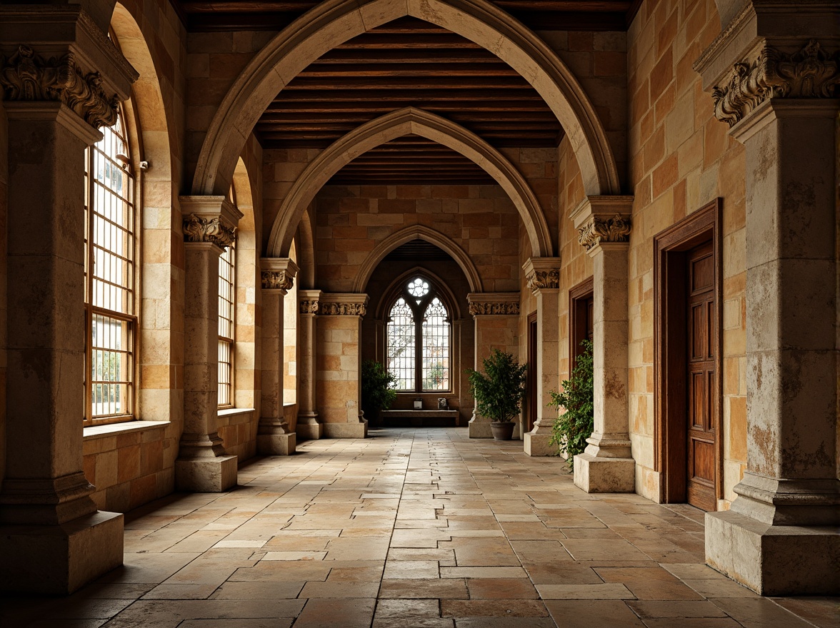 Prompt: Ancient stone columns, ornate capitals, rustic arches, weathered stonework, intricate carvings, grand entranceways, majestic vaulted ceilings, stained glass windows, warm golden lighting, soft focus, shallow depth of field, 1/2 composition, symmetrical framing, rich textures, ambient occlusion, historic landmarks, medieval-inspired architecture, ornamental details, classical proportions, earthy color palette.