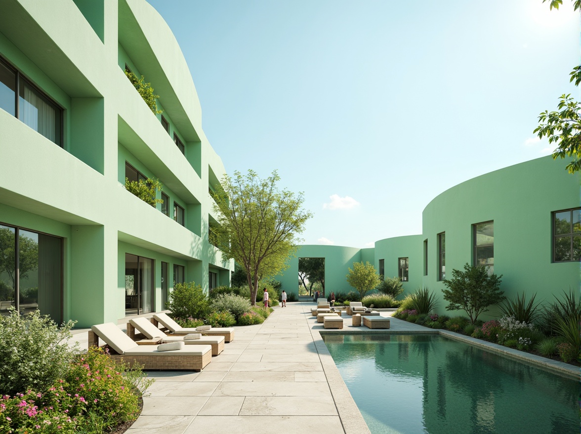 Prompt: Soothing mint-green buildings, soft pastel hues, calming atmosphere, natural stone foundations, curved lines, minimalist design, large windows, sliding glass doors, lush greenery, blooming flowers, serene water features, shallow reflective pools, warm sunny day, gentle misting systems, ambient occlusion, 3/4 composition, panoramic view, realistic textures, modern architecture, eco-friendly materials, innovative cooling technologies.