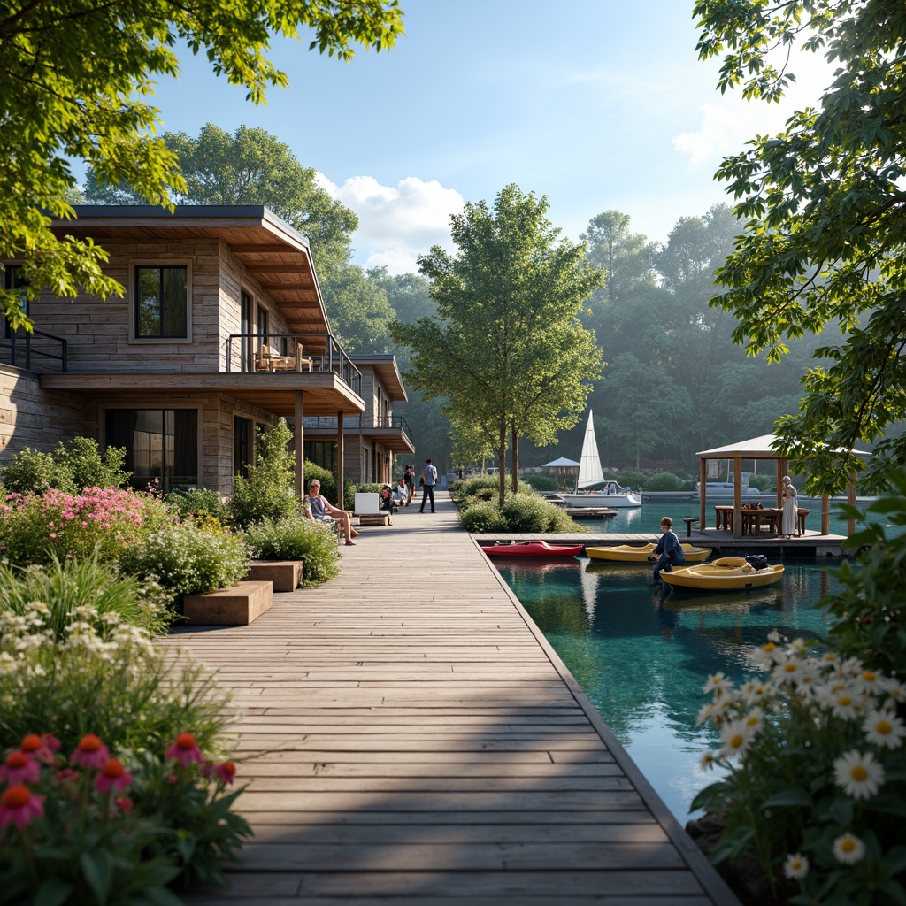 Prompt: Waterfront boathouse, rustic wooden docks, serene lake views, lush greenery, vibrant flowers, natural stone walls, wooden accents, nautical decorations, sailboats, kayaks, paddleboards, tranquil atmosphere, warm sunny day, soft diffused lighting, shallow depth of field, 3/4 composition, panoramic view, realistic textures, ambient occlusion.