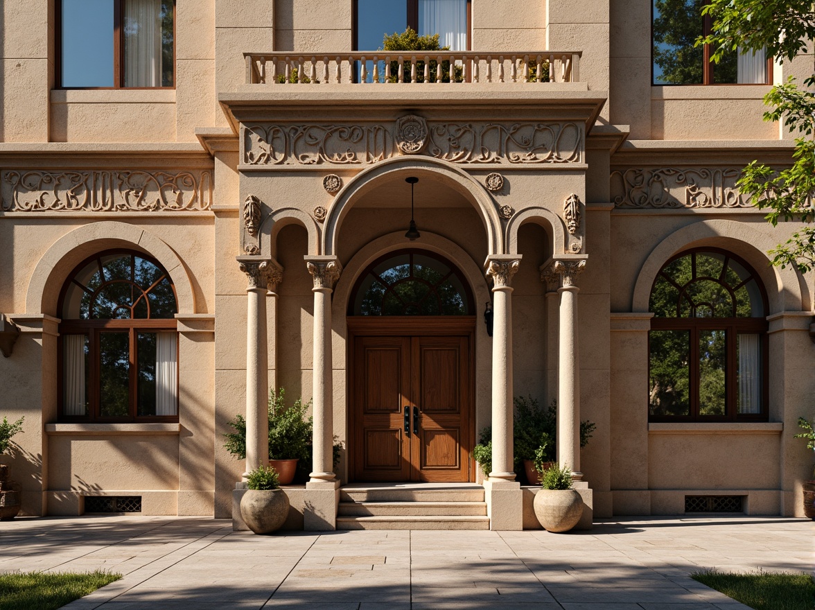 Prompt: Rustic office building, Romanesque facade, arched windows, ornate stone carvings, grand entrance, heavy wooden doors, intricate moldings, earthy color palette, natural stone walls, columned portico, symmetrical composition, warm afternoon lighting, shallow depth of field, 1/2 composition, realistic textures, ambient occlusion.