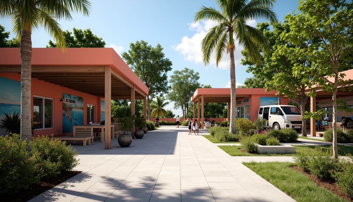 Prompt: Tropical island bus station, lush greenery, swaying palm trees, vibrant hibiscus flowers, natural stone benches, wooden shelters, nautical-themed signage, ocean-inspired murals, coral-colored buildings, modern minimalist architecture, large overhangs, shaded waiting areas, warm sunny day, soft diffused lighting, shallow depth of field, 1/1 composition, panoramic view, realistic textures, ambient occlusion.