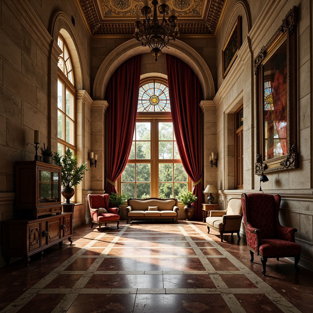 Prompt: Rustic stone walls, ornate carvings, grand archways, stained glass windows, intricate mosaics, polished marble floors, rich wood paneling, luxurious velvet drapes, ornamental metalwork, vintage furniture pieces, warm golden lighting, soft focus, shallow depth of field, 2/3 composition, symmetrical framing, realistic textures, ambient occlusion.