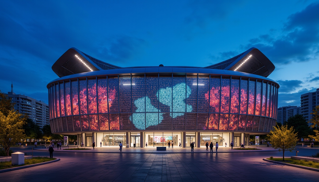 Prompt: Modern stadium exterior, dynamic curved lines, sleek metal cladding, perforated panels, LED lighting strips, vibrant team colors, cantilevered roofs, grand entrance gates, urban cityscape backdrop, clear blue sky, dramatic nighttime illumination, shallow depth of field, 1/2 composition, realistic reflections, ambient occlusion.