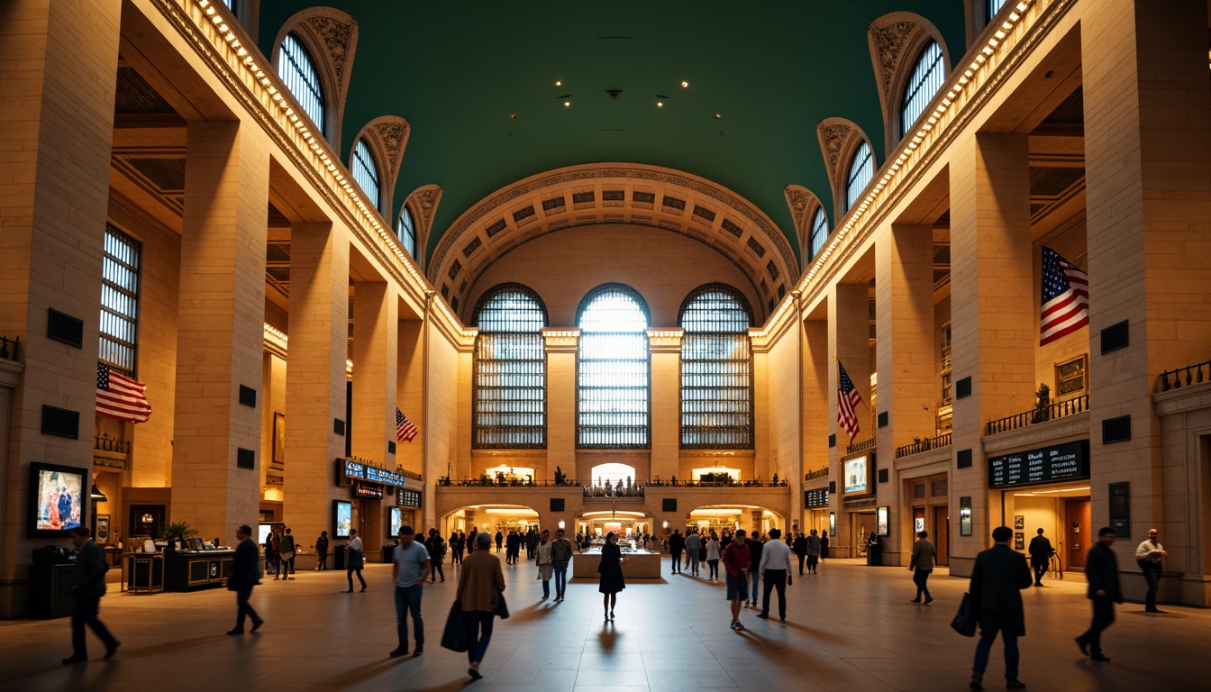 Prompt: Grand central station, ornate metalwork, intricate stonework, vaulted ceilings, majestic archways, elegant chandeliers, refined wooden accents, luxurious textiles, sophisticated signage, bustling atmosphere, morning rush hour, warm golden lighting, shallow depth of field, 1/2 composition, symmetrical framing, realistic reflections, ambient occlusion.