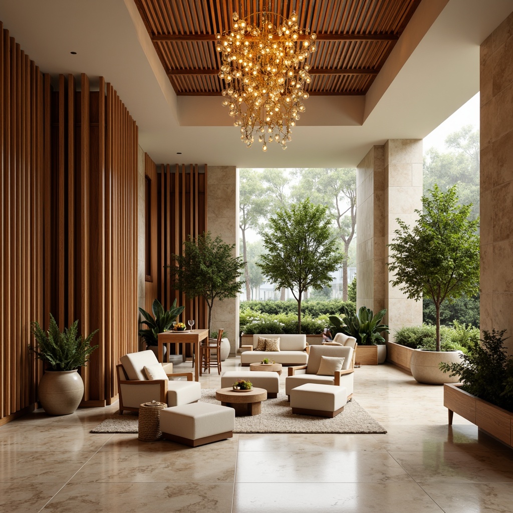 Prompt: Luxurious hotel lobby, rich wood accents, warm beige tones, soft cream hues, velvety upholstery, metallic gold fixtures, elegant chandeliers, sophisticated marble floors, lavish greenery, natural stone walls, floor-to-ceiling windows, abundant natural light, warm ambient lighting, shallow depth of field, 3/4 composition, realistic textures, ambient occlusion.