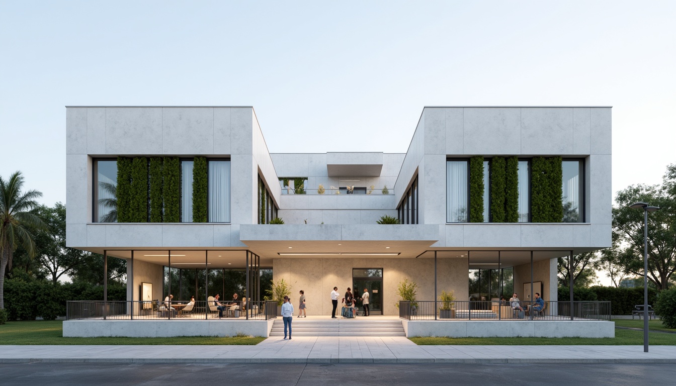 Prompt: Clean hospital facade, minimalist architecture, simple rectangular forms, flat roofs, neutral color palette, large glass windows, metal frames, subtle shading devices, vertical green walls, living walls, natural stone cladding, smooth concrete surfaces, hidden LED lighting, soft ambient illumination, 1/1 composition, symmetrical balance, realistic materials, subtle texture variations.