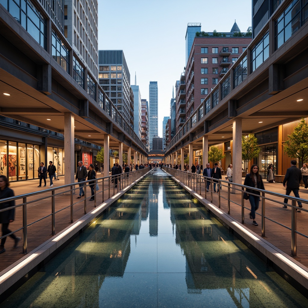 Prompt: Futuristic pedestrian bridge, sleek metal railings, translucent glass floors, LED lighting strips, dynamic arches, suspended walkways, urban cityscape, bustling streets, modern skyscrapers, vibrant street art, eclectic crowd, warm evening ambiance, soft golden lighting, shallow depth of field, 1/2 composition, realistic reflections, ambient occlusion, durable stainless steel, weathered wood accents, high-strength concrete piers, cantilevered sections, minimalist support columns.