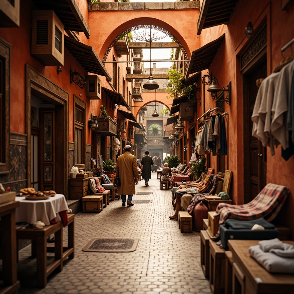 Prompt: Vibrant Moroccan souk, warm terracotta walls, intricately patterned tiles, ornate Islamic architecture, bustling marketplace atmosphere, richly colored fabrics, golden lighting, shallow depth of field, 3/4 composition, panoramic view, realistic textures, ambient occlusion.