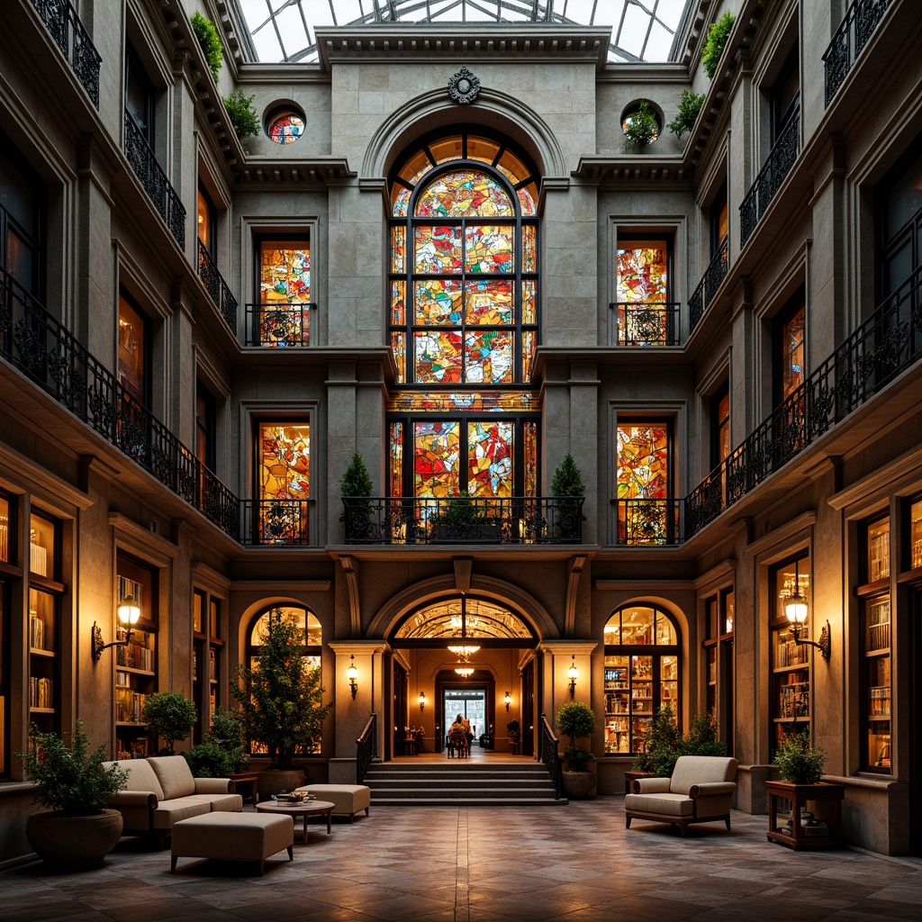 Prompt: Grandiose library facade, eclectic architectural style, ornate stone carvings, intricate metalwork, vibrant stained glass windows, asymmetrical composition, grand entrance archways, imposing columns, ornamental balconies, richly patterned textiles, warm golden lighting, dramatic shadows, 1/2 composition, low-angle shot, realistic materials, ambient occlusion.