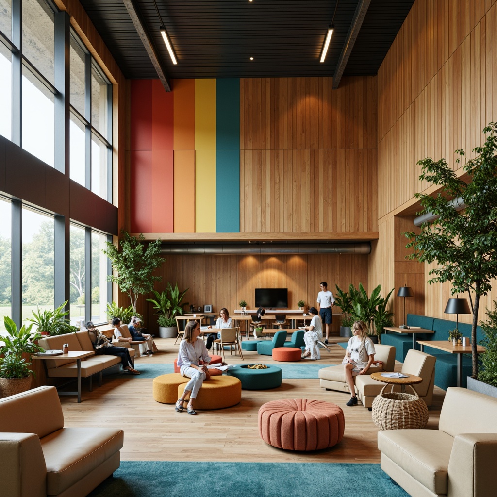 Prompt: Vibrant student lounge, bold accent walls, warm beige furniture, rich wood tones, calming blue-green hues, natural textiles, industrial metal accents, modern minimalist decor, cozy reading nooks, comfortable seating areas, abundant natural light, soft warm lighting, 1/1 composition, realistic textures, ambient occlusion.