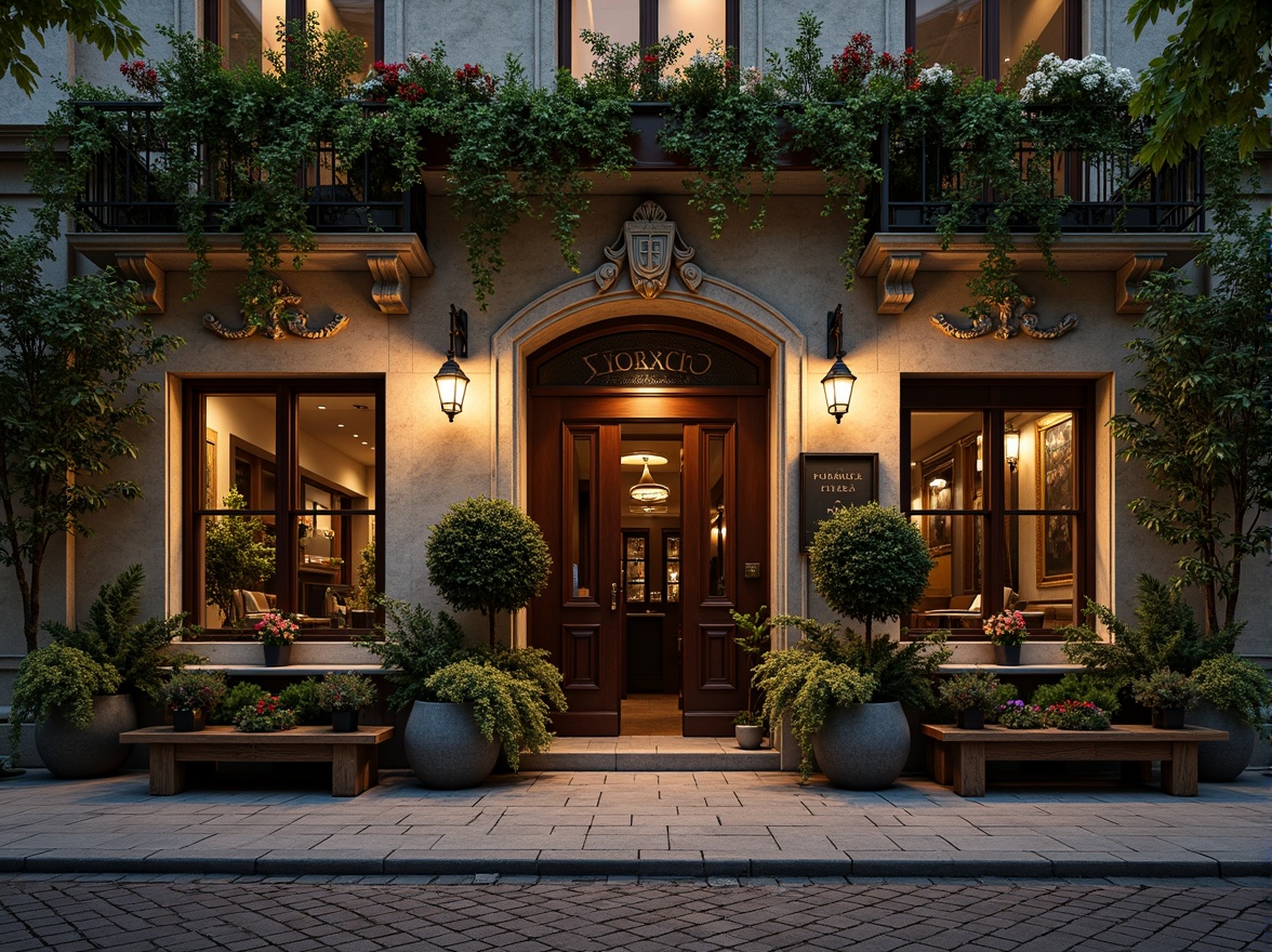 Prompt: Rustic pub exterior, Baroque-inspired fa\u00e7ade, ornate stone carvings, grand entranceways, lantern-style lighting, lush greenery, overflowing flower boxes, meandering cobblestone pathways, natural stone walls, wooden benches, vintage metal signs, warm golden lighting, soft focus, shallow depth of field, 1/2 composition, intimate atmosphere, realistic textures, ambient occlusion.