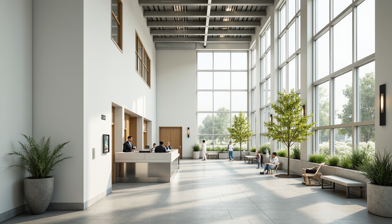 Prompt: Minimalist hospital interior, abundant natural light, floor-to-ceiling windows, sleek metal frames, polished concrete floors, calming white walls, sparse greenery, modern medical equipment, stainless steel surfaces, subtle ambient lighting, soft warm tones, shallow depth of field, 1/1 composition, realistic textures, ambient occlusion, serene atmosphere, peaceful waiting areas, comfortable patient rooms, efficient nurse stations, minimalist decor, natural stone accents, wooden furniture, gentle color palette.