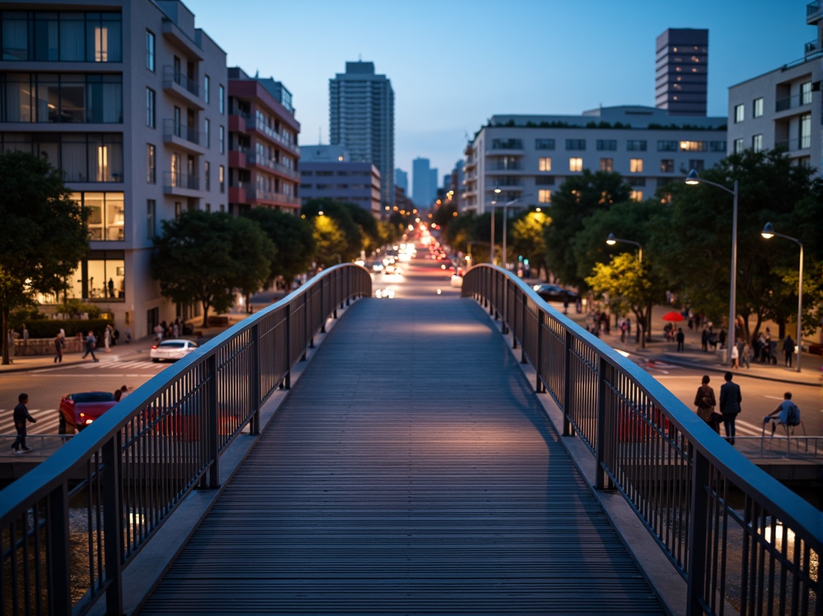 Prompt: Curved pedestrian bridge, sleek metal railings, wooden decking, modern urban landscape, city skyline, busy streets, vibrant streetlights, evening atmosphere, soft warm glow, shallow depth of field, 3/4 composition, panoramic view, realistic textures, ambient occlusion, structural columns, cantilevered sections, suspension cables, diagonal bracing, geometric shapes, minimalist design, functional aesthetics, pedestrian-friendly infrastructure, accessible ramps, safety handrails, urban connectivity.