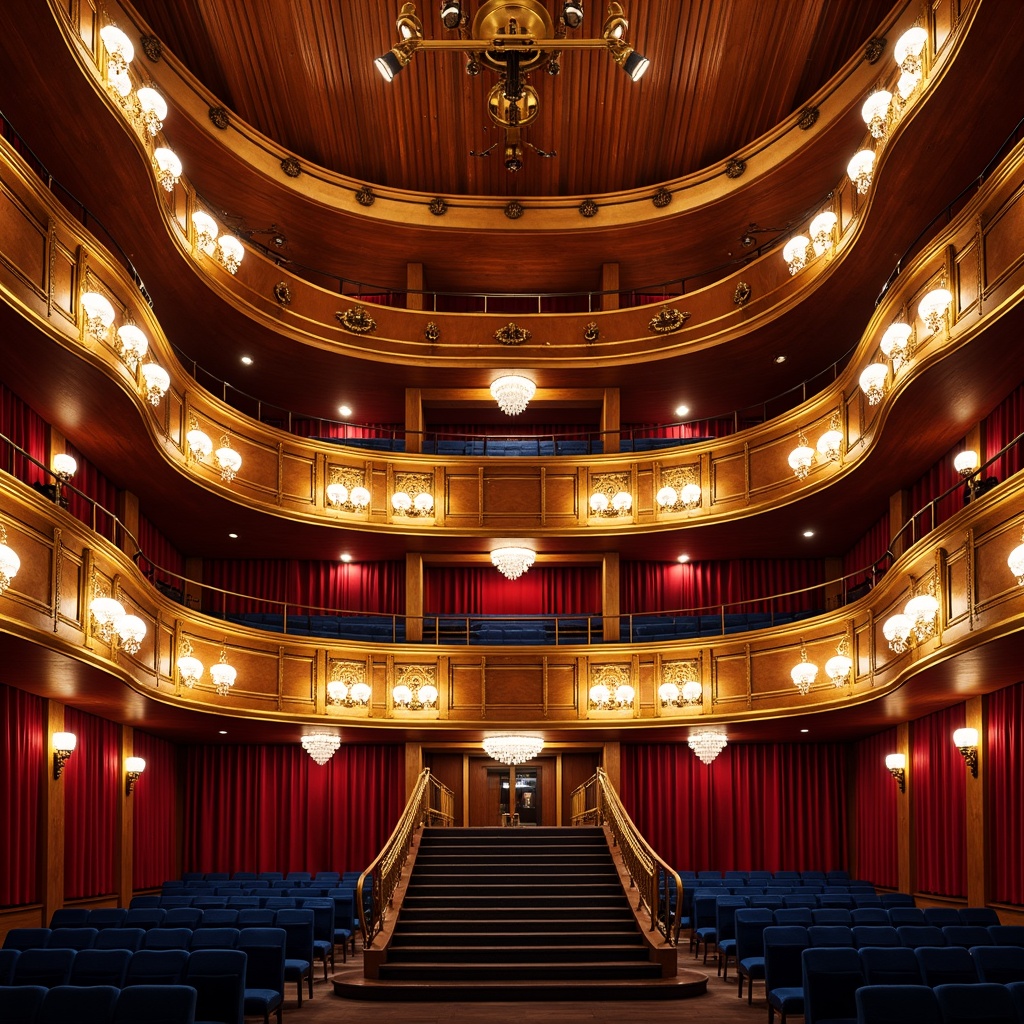 Prompt: Vibrant concert hall, rich wood tones, warm golden lighting, bold red accents, deep blue seats, polished metal fixtures, luxurious velvet curtains, ornate chandeliers, grand staircase, opulent balconies, lavish box seats, dramatic spotlights, soft warm glow, shallow depth of field, 1/1 composition, realistic textures, ambient occlusion.