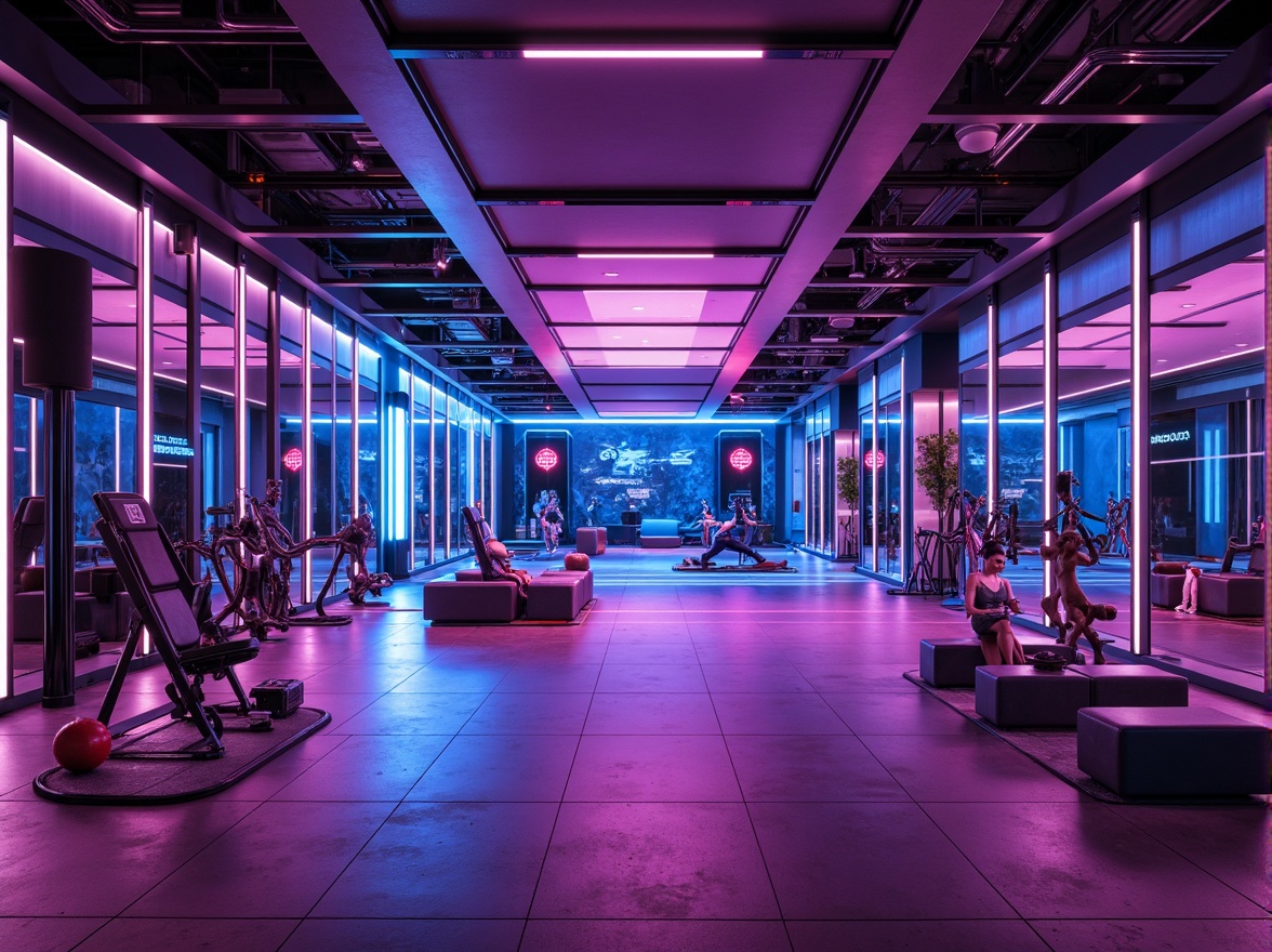 Prompt: Neon-lit futuristic fitness club, metallic surfaces, glossy chrome accents, LED light strips, holographic displays, sleek glass walls, minimalist interior design, high-tech exercise equipment, virtual reality training zones, mirrored ceilings, polished concrete floors, neon-colored athletic tracks, ambient electronic music, dynamic lighting effects, shallow depth of field, 1/1 composition, cinematic camera angles, realistic reflections, advanced material textures.