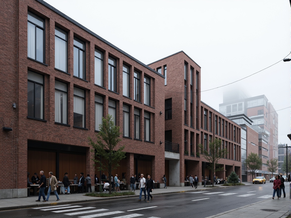 Prompt: Industrial factory building, exposed brick facade, steel frame structure, large windows, metal cladding, corrugated roofing, functional minimalism, brutalist architecture, urban landscape, busy streets, morning fog, soft diffused lighting, shallow depth of field, 2/3 composition, realistic textures, ambient occlusion, industrial pipes, mechanical equipment, concrete floors, metallic tones, functional simplicity.