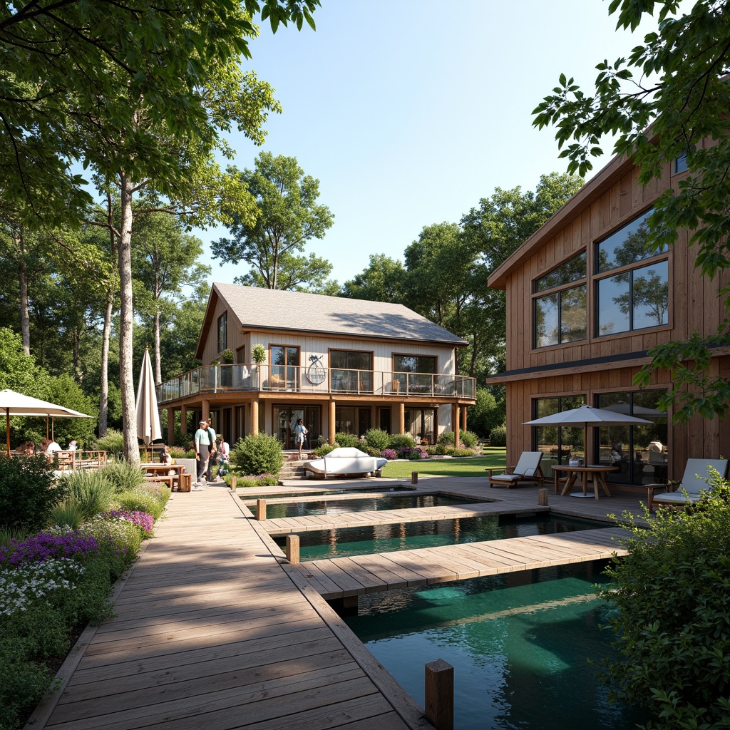 Prompt: Waterfront boathouse, rustic wooden docks, serene lake views, lush greenery, vibrant flowers, natural stone walls, wooden accents, nautical decorations, sailboats, kayaks, paddleboards, tranquil atmosphere, warm sunny day, soft diffused lighting, shallow depth of field, 3/4 composition, panoramic view, realistic textures, ambient occlusion.