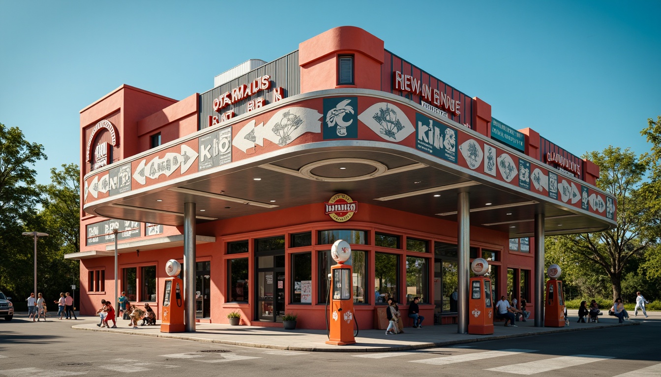 Prompt: Retro gas station, Art Deco signage, neon lights, bold typography, geometric patterns, metallic accents, vintage fuel pumps, curved lines, ornate details, bright colors, sunny day, shallow depth of field, 1/1 composition, realistic textures, ambient occlusion.