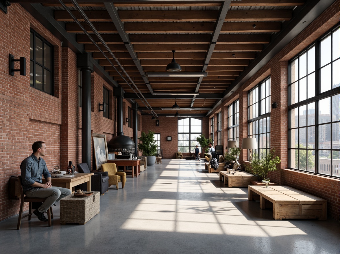 Prompt: Exposed brick walls, metal beams, reclaimed wood accents, industrial-style lighting fixtures, concrete floors, urban cityscape, converted warehouse, modern minimalist decor, functional simplicity, neutral color palette, distressed textures, vintage machinery, eclectic decorative elements, open floor plan, high ceilings, natural light pouring in, dramatic shadows, 3/4 composition, shallow depth of field, realistic renderings.