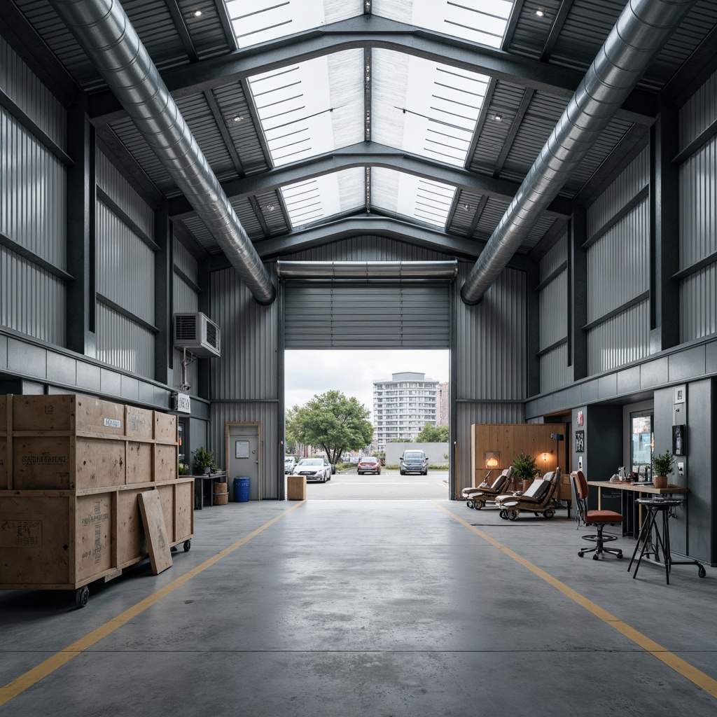 Prompt: Industrial warehouse, galvanized steel structure, corrugated metal roofing, silver-gray finish, exposed ductwork, concrete flooring, functional lighting, minimal decor, urban landscape, cloudy sky, soft diffused light, shallow depth of field, 1/1 composition, realistic textures, ambient occlusion.