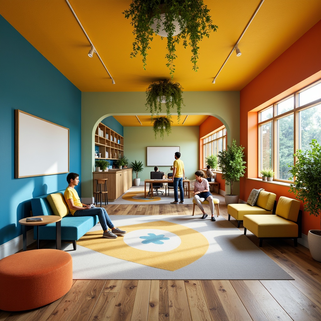 Prompt: Vibrant creative learning space, bold color scheme, stimulating yellow accents, calming blue undertones, energetic orange hues, inspiring greenery, natural wood textures, modern minimalist furniture, sleek metal legs, comfortable cushioned seating, collaborative workstations, interactive whiteboards, innovative technology integration, abundant natural light, soft warm glow, shallow depth of field, 3/4 composition, panoramic view, realistic textures, ambient occlusion.