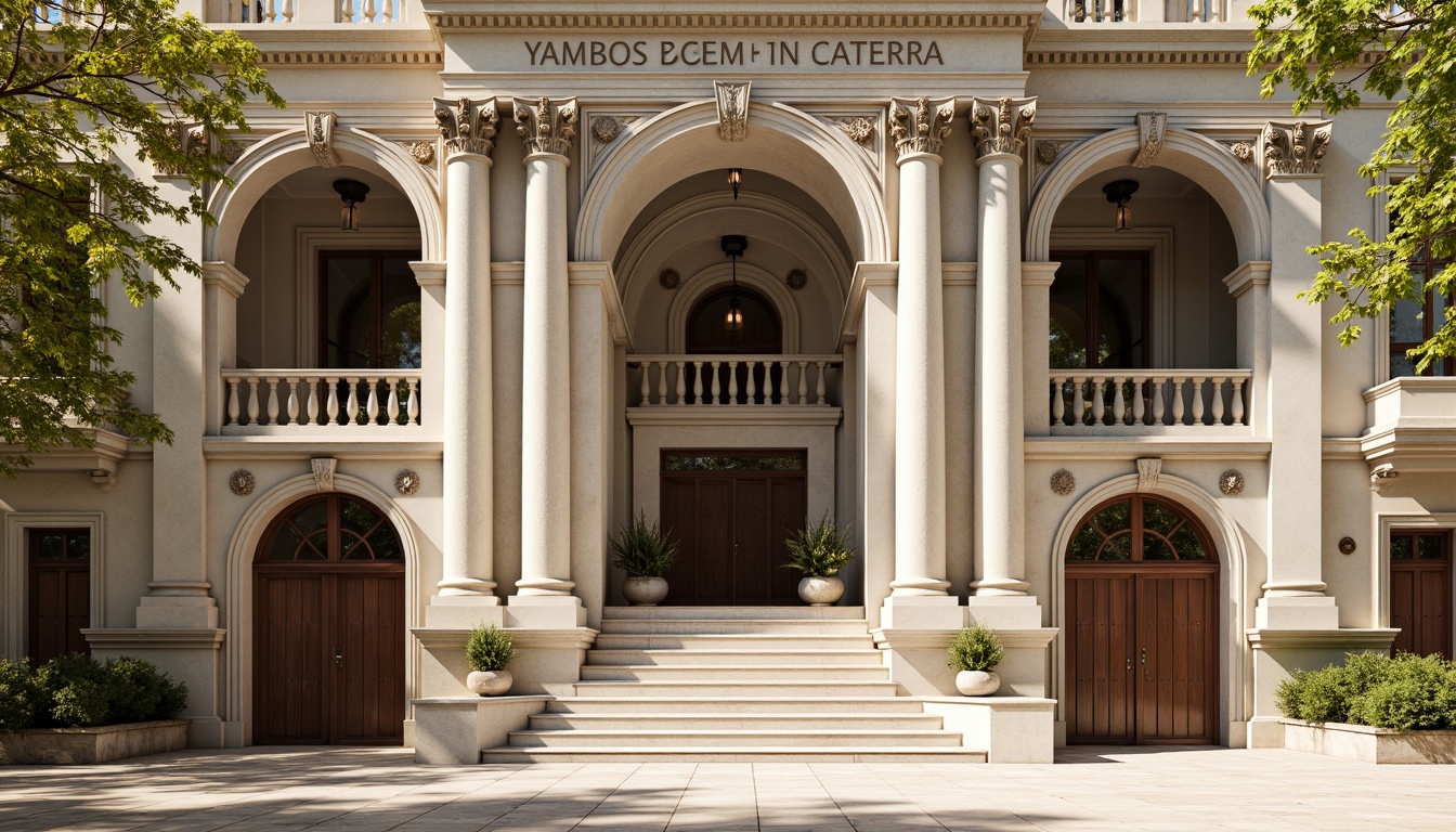 Prompt: Grandiose building facade, ornate columns, intricately carved details, symmetrical composition, classical proportions, limestone or marble materials, subtle color palette, soft natural light, warm afternoon ambiance, shallow depth of field, 2/3 composition, realistic textures, ambient occlusion, ornamental balustrades, decorative friezes, sculpted pediments, grand entranceways, sweeping staircases, elegant archways, refined moldings, luxurious ornamentation.