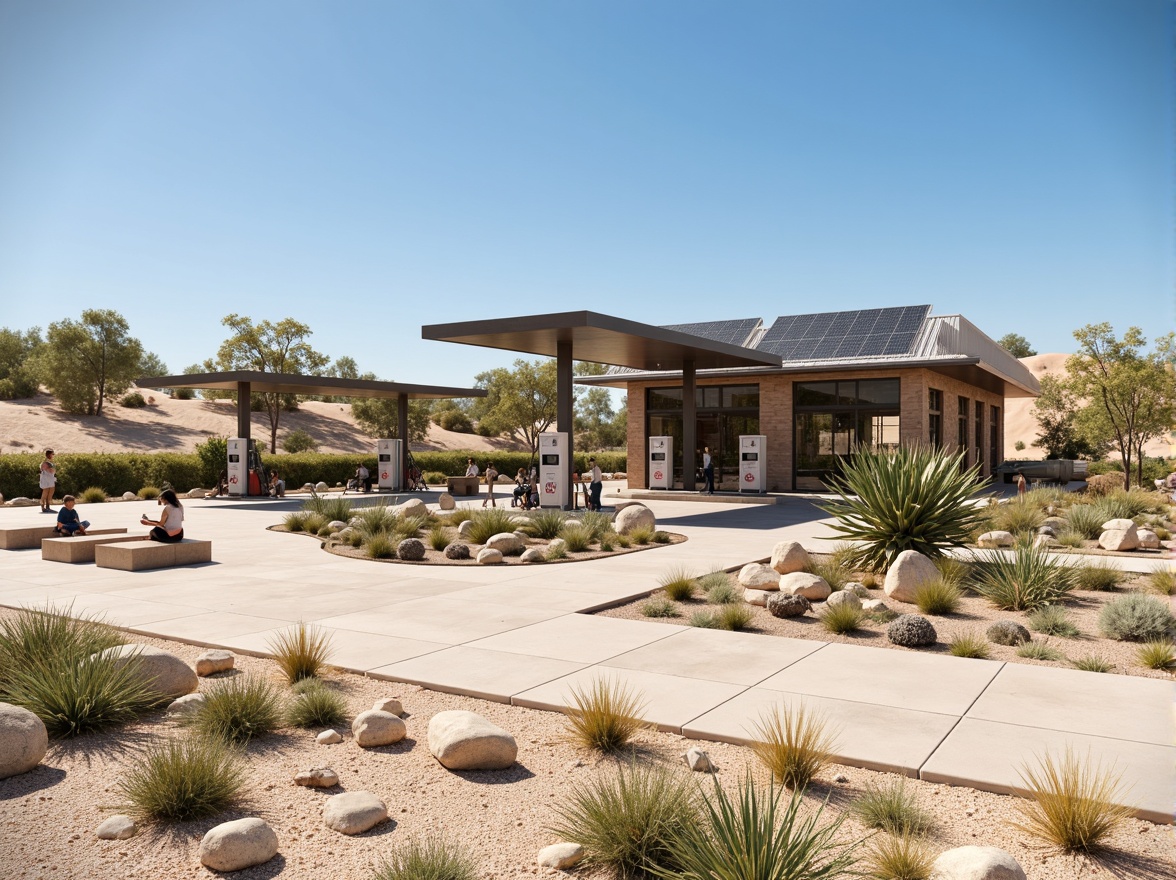 Prompt: Rustic gas station, natural stone walls, green roofs, solar panels, modern fuel pumps, sleek metal canopies, minimalist design, desert landscape, sandy dunes, cactus plants, hot sunny day, clear blue sky, vast open space, integrated seating areas, native plant species, drought-resistant vegetation, permeable pavement, rainwater harvesting systems, eco-friendly materials, subtle branding elements, warm color scheme, shallow depth of field, 3/4 composition, panoramic view, realistic textures, ambient occlusion.