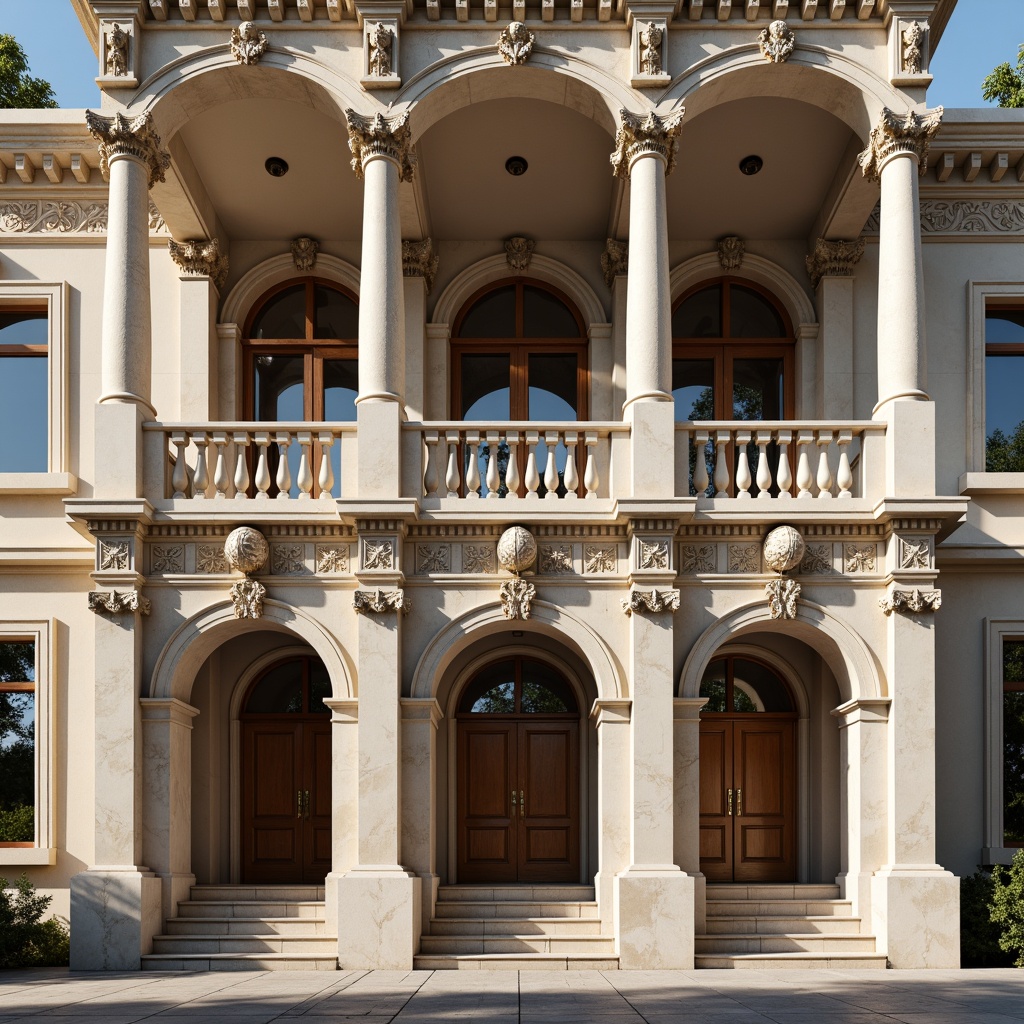 Prompt: Grandiose building facade, ornate columns, intricately carved details, symmetrical composition, classical proportions, limestone or marble materials, subtle color palette, soft natural light, warm afternoon ambiance, shallow depth of field, 2/3 composition, realistic textures, ambient occlusion, ornamental balustrades, decorative friezes, sculpted pediments, grand entranceways, sweeping staircases, elegant archways, refined moldings, luxurious ornamentation.