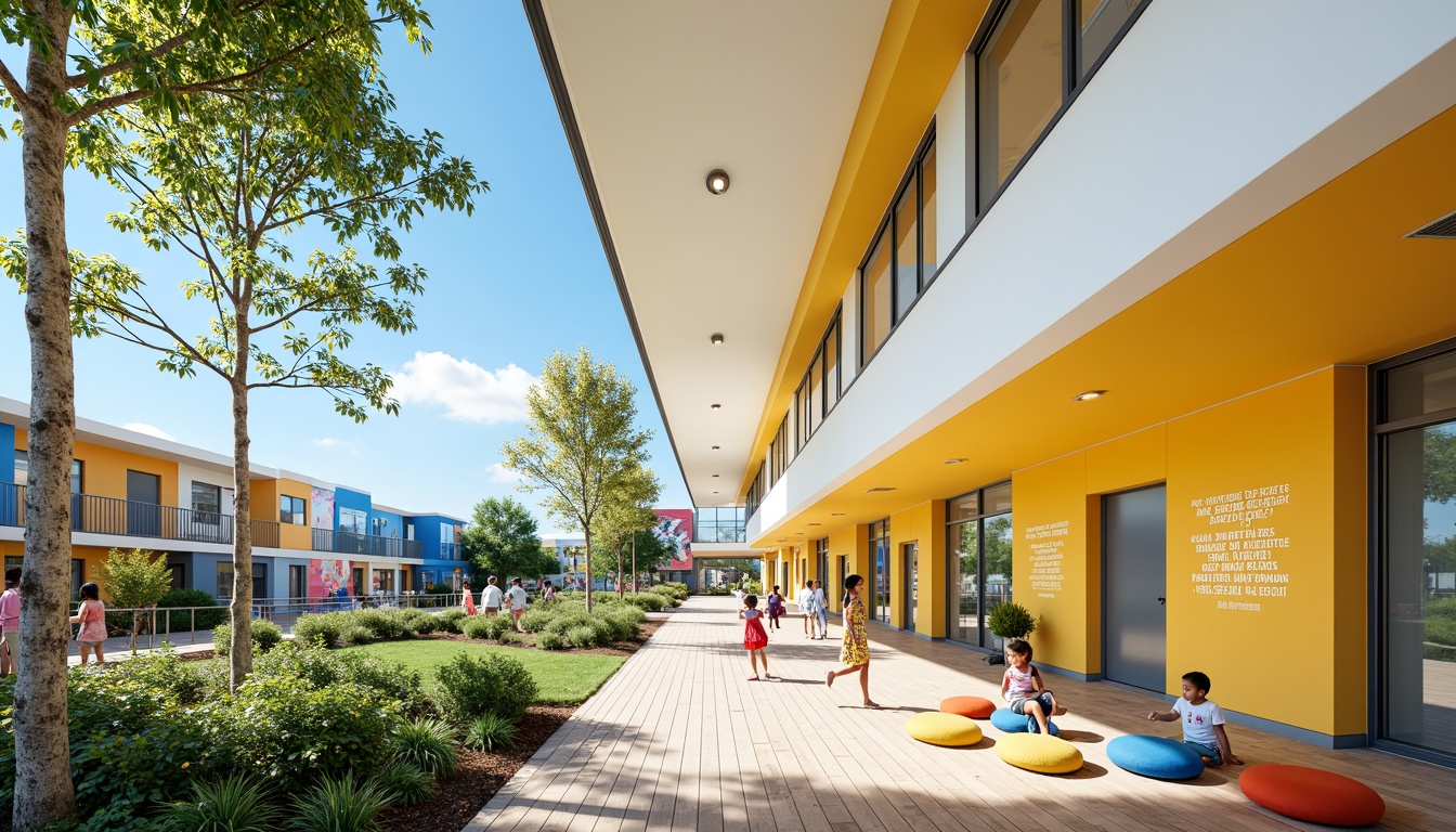 Prompt: Vibrant elementary school, modern streamline architecture, bold primary colors, bright yellow accents, calming blue tones, crisp white walls, polished wooden floors, sleek metal railings, minimalist design, abundant natural light, floor-to-ceiling windows, sliding glass doors, lush greenery, playful outdoor spaces, educational signage, inspirational quotes, motivational murals, collaborative learning areas, flexible seating arrangements, soft warm lighting, shallow depth of field, 3/4 composition, panoramic view, realistic textures, ambient occlusion.