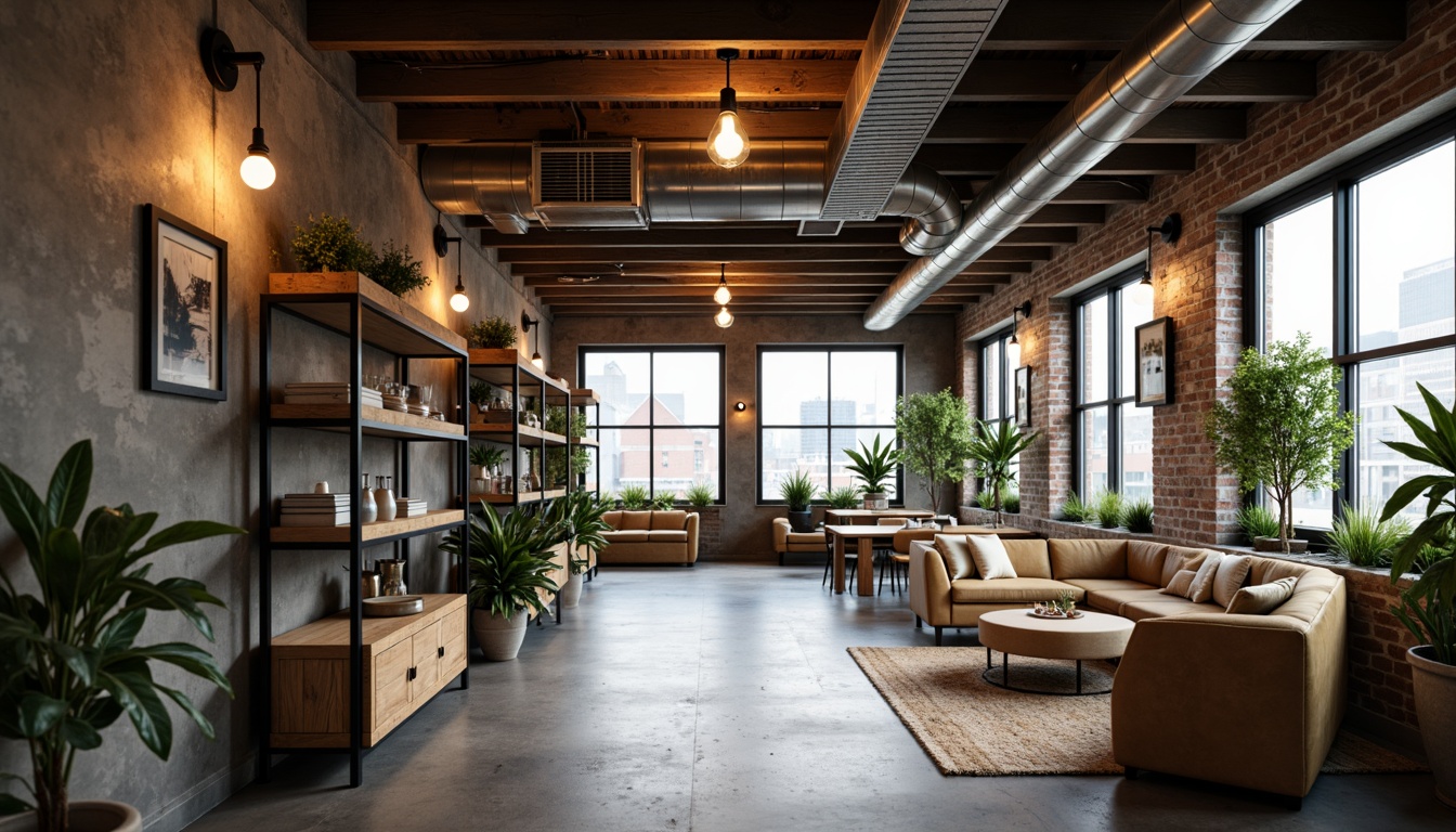 Prompt: Industrial chic interior, exposed ductwork, polished concrete floors, minimalist decor, functional shelving units, sleek metal accents, reclaimed wood furniture, Edison bulb lighting, urban loft atmosphere, natural textiles, earthy color palette, soft warm glow, shallow depth of field, 1/1 composition, realistic materials, ambient occlusion.