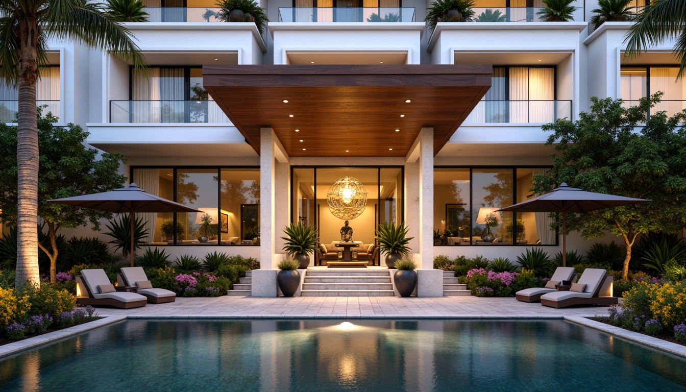 Prompt: Luxurious hotel facade, grand entrance, ornate details, warm golden lighting, inviting porte-cochere, elegant columns, sophisticated stone cladding, large glass windows, sliding doors, lavish landscaping, tropical plants, vibrant flowers, serene water features, infinity pool, outdoor seating areas, comfortable lounge chairs, stylish umbrellas, modern minimalist design, sleek lines, neutral color palette, ambient occlusion, shallow depth of field, 3/4 composition, panoramic view.