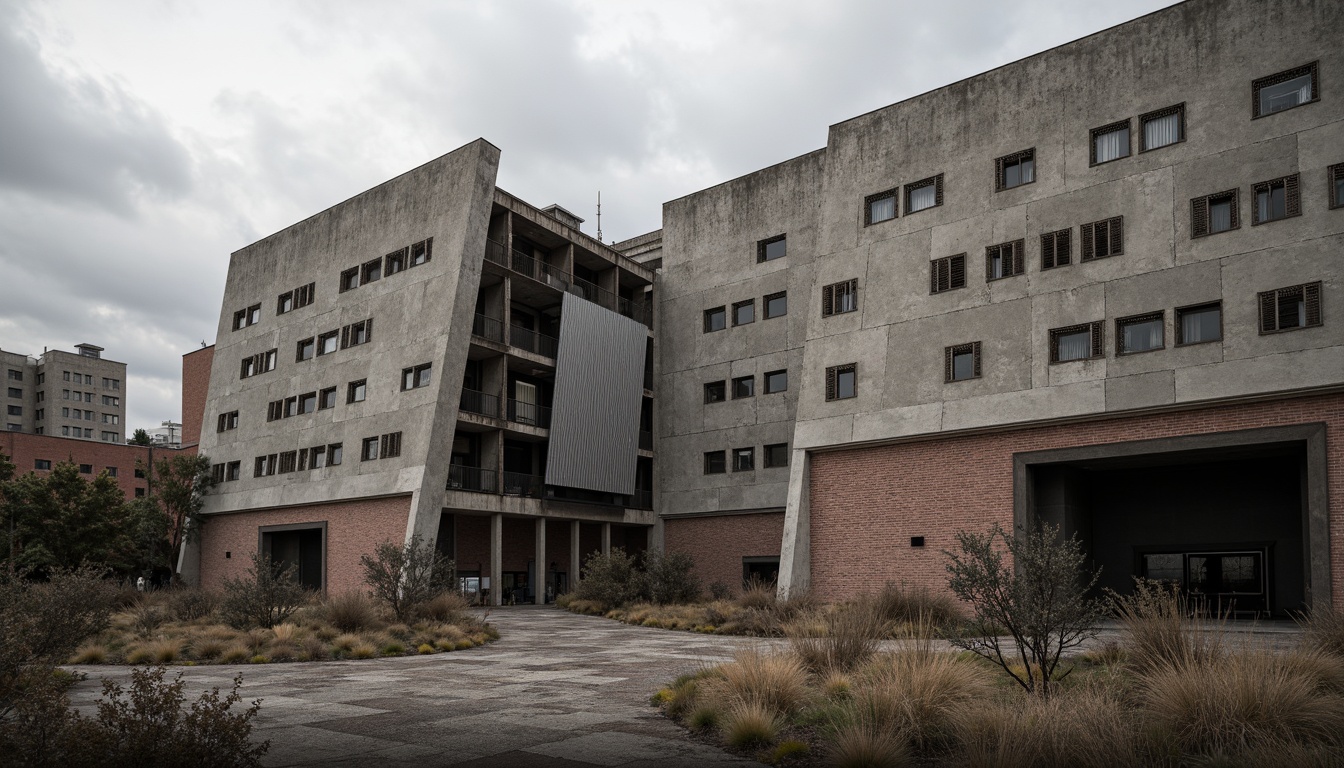 Prompt: Rough-hewn concrete walls, exposed ductwork, industrial metal beams, weathered steel surfaces, raw brick facades, rugged stone foundations, brutalist fortress-like structures, dramatic cantilevered roofs, angular geometric forms, monolithic monumental scale, harsh urban landscapes, overcast skies, diffused natural light, high-contrast shadows, gritty realistic textures, detailed normal maps, ambient occlusion.