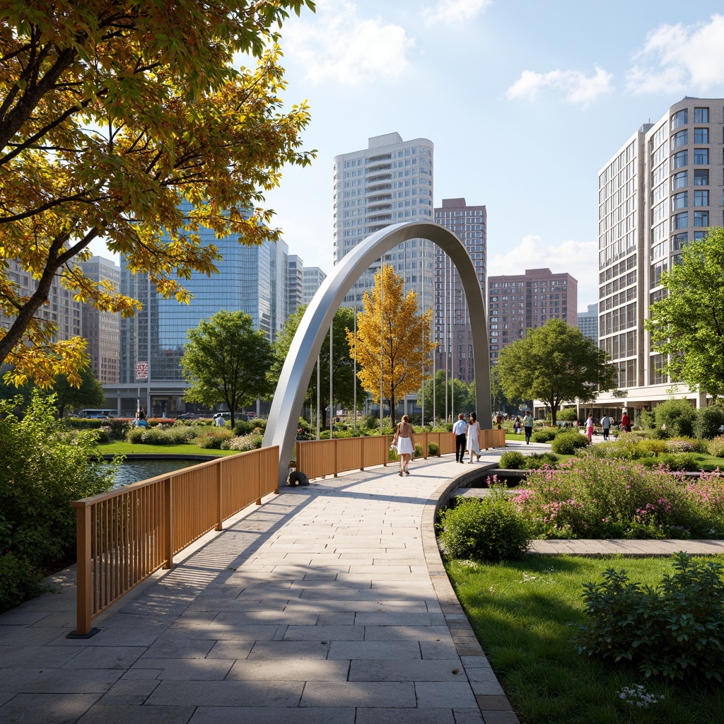 Prompt: Curved pedestrian bridge, lush greenery, vibrant flowers, natural stone walkways, wooden railings, modern architecture, sleek metal structures, glass floors, scenic city views, bustling urban atmosphere, soft warm lighting, shallow depth of field, 3/4 composition, panoramic view, realistic textures, ambient occlusion, integrated landscape design, native plant species, water features, public art installations, seating areas, accessible ramps, safety handrails.