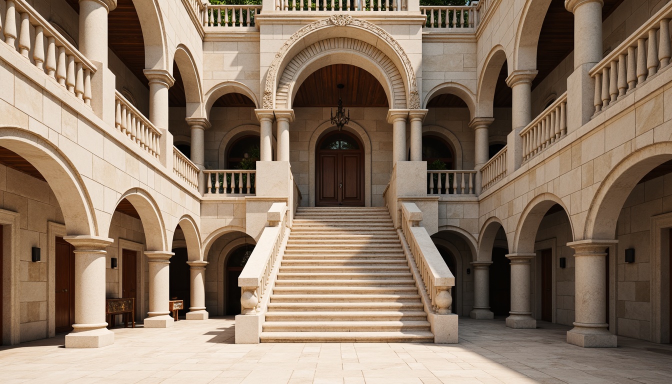 Prompt: Grandiose building facade, ornate columns, intricately carved details, symmetrical composition, classical arches, rusticated stone walls, grand entranceways, sweeping staircases, elegant balustrades, refined moldings, subtle ornamentation, muted earthy tones, warm beige stonework, soft natural lighting, shallow depth of field, 2/3 composition, realistic textures, ambient occlusion.