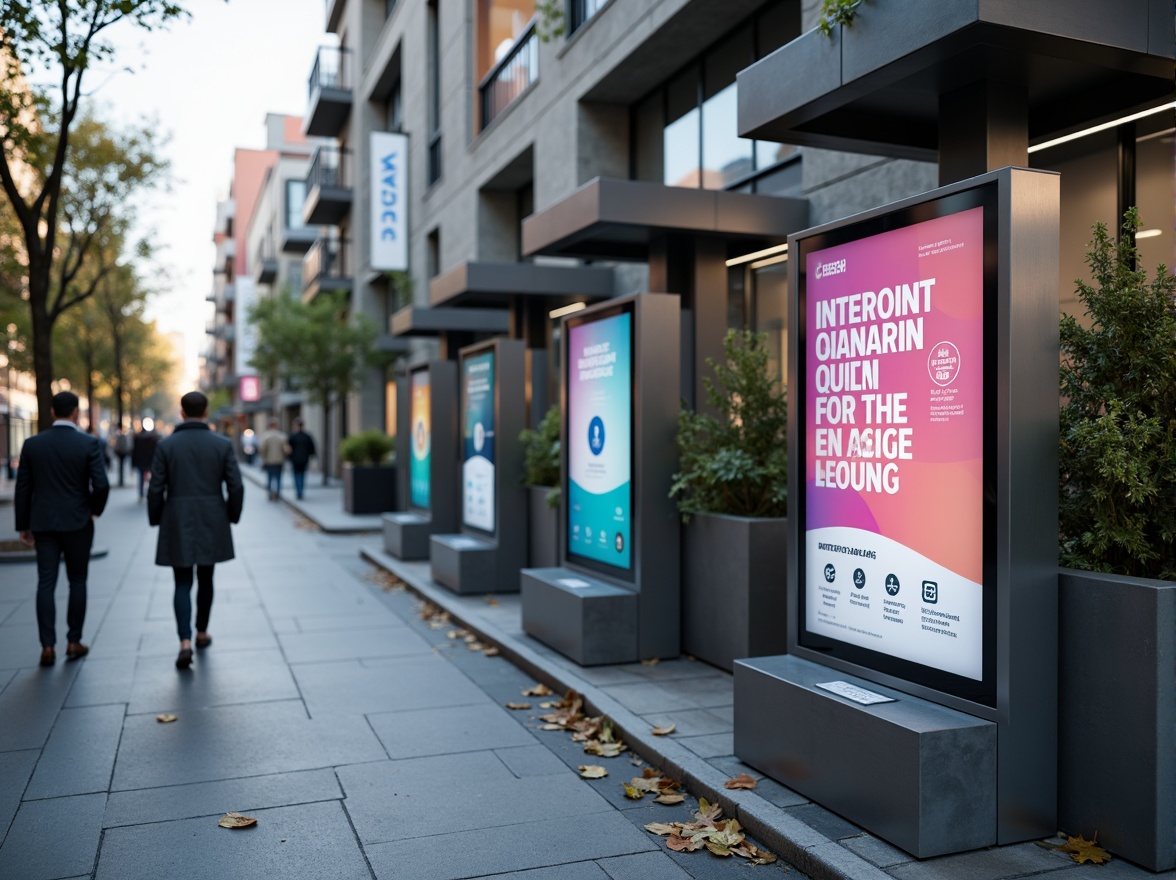 Prompt: Modern wayfinding signage, sleek metal frames, digital displays, interactive kiosks, clear typography, vibrant color schemes, intuitive navigation, pedestrian-friendly infrastructure, urban cityscape, bustling streets, morning commute, soft natural lighting, shallow depth of field, 1/1 composition, realistic textures, ambient occlusion.