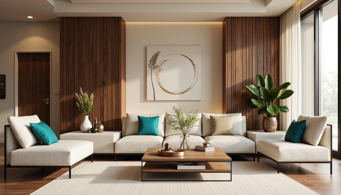 Prompt: Modern living room, sleek furniture, minimalist decor, neutral color palette, soft beige walls, rich walnut wood accents, creamy white marble countertops, bold black metal frames, vibrant turquoise throw pillows, natural linen upholstery, warm golden lighting, shallow depth of field, 1/1 composition, realistic textures, ambient occlusion.