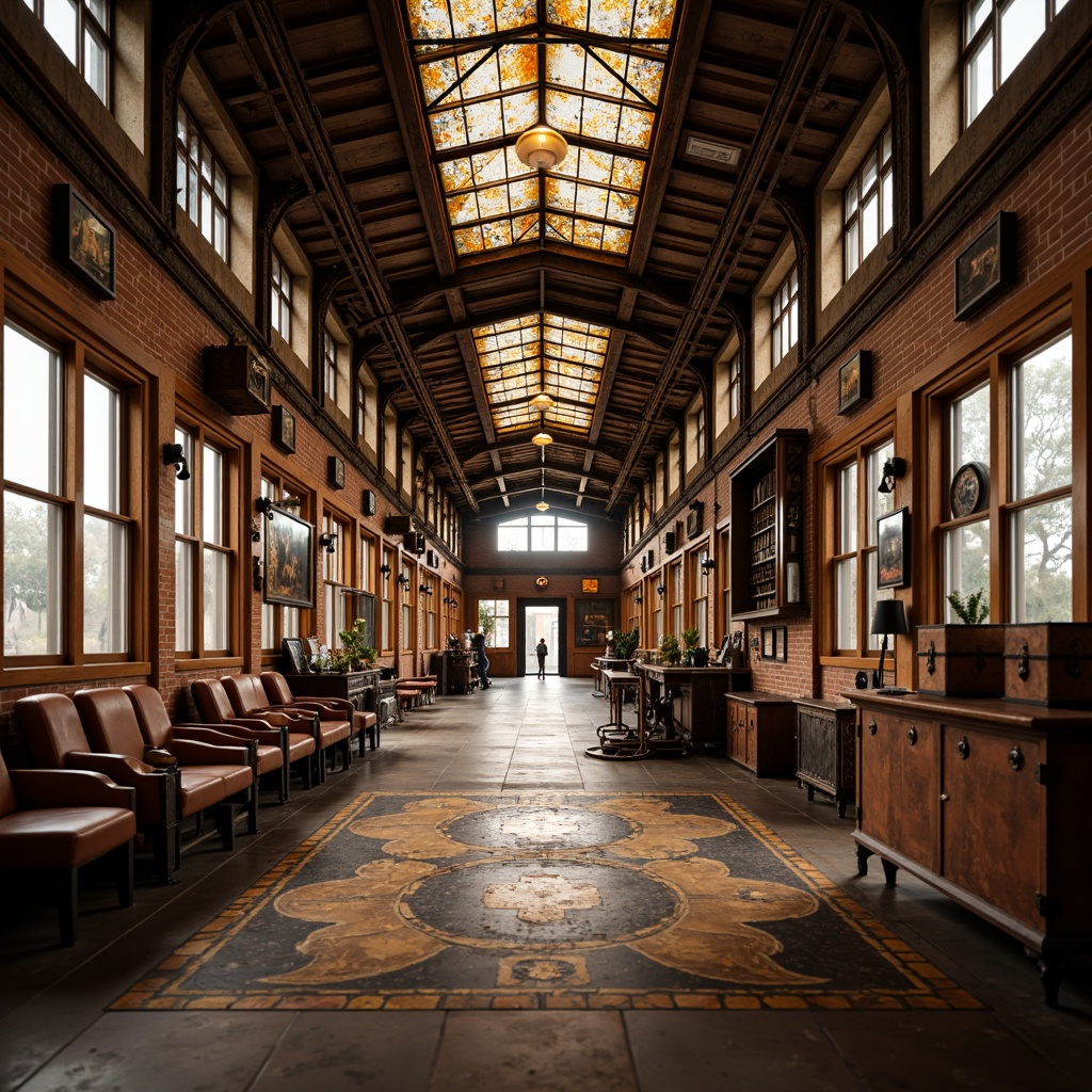 Prompt: Vintage train station, eclectic mix of materials, exposed brick walls, rusty metal beams, reclaimed wood accents, ornate ironwork, stained glass ceilings, intricate tile mosaics, distressed leather benches, antique luggage racks, industrial-style lighting fixtures, warm golden lighting, shallow depth of field, 1/1 composition, realistic textures, ambient occlusion.