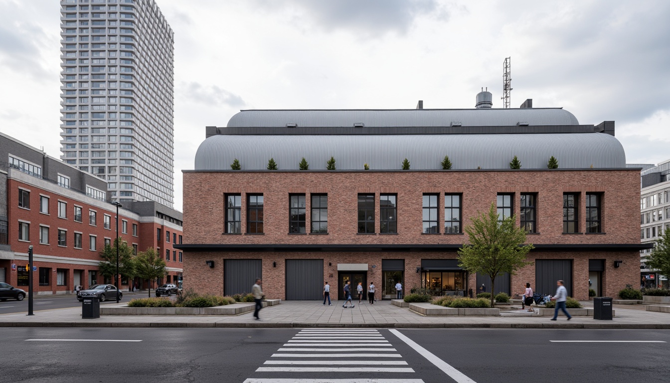 Prompt: Industrial factory building, exposed brick facade, steel frame structure, large windows, metal cladding, corrugated roofs, functional minimalism, brutalist architecture, urban landscape, busy streets, modern cityscape, cloudy sky, soft diffused lighting, shallow depth of field, 2/3 composition, realistic textures, ambient occlusion.