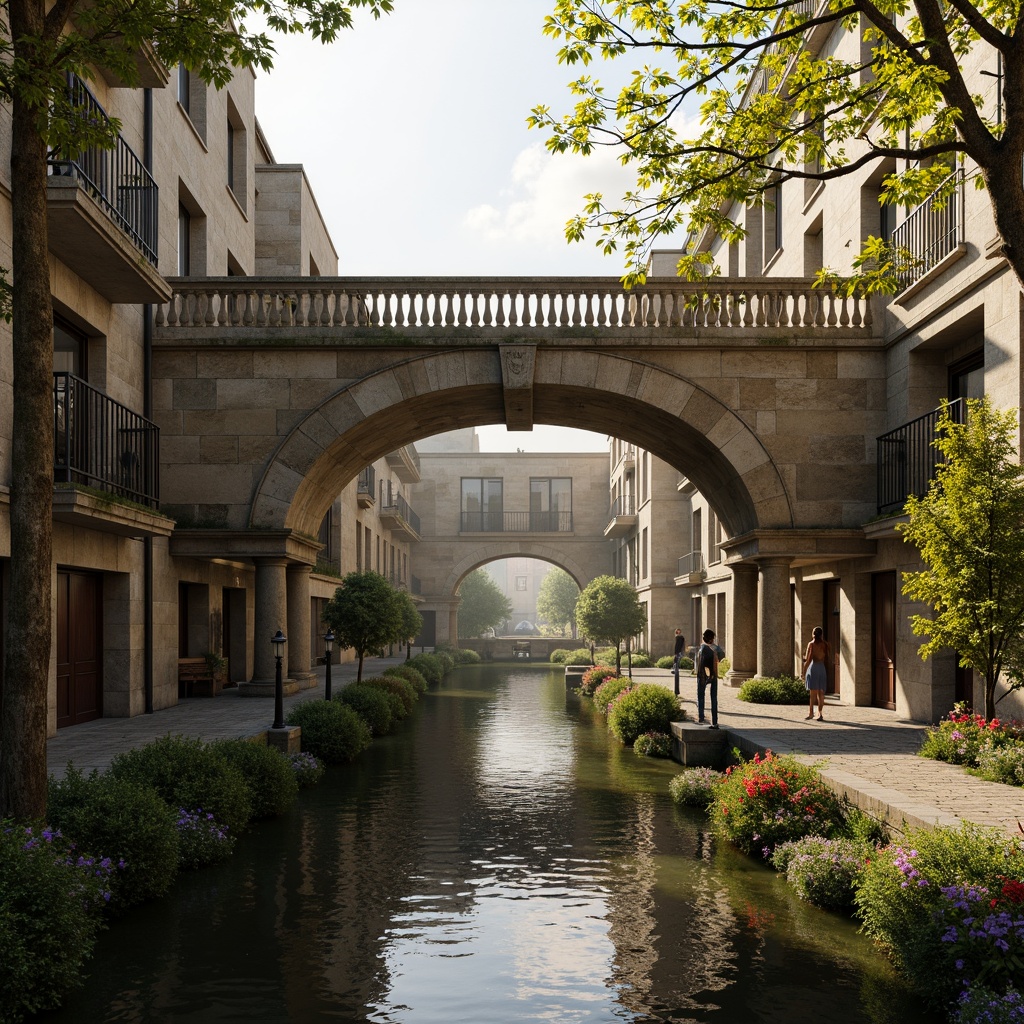 Prompt: Ancient stone bridges, ornate balustrades, rustic arches, weathered stonework, moss-covered piers, tranquil water reflections, serene riverbanks, lush greenery, vibrant flowers, historic lamp posts, decorative ironwork, grandiose entranceways, symmetrical composition, warm golden lighting, soft misty atmosphere, 1/2 composition, realistic textures, ambient occlusion.