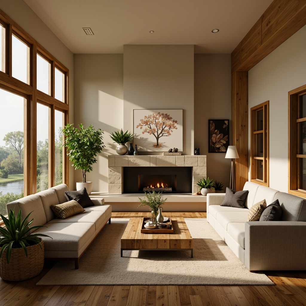 Prompt: Cozy living room, plush sofas, warm beige walls, rich wood flooring, soft golden lighting, comfortable throw pillows, vibrant greenery, natural stone fireplace, modern minimalist decor, sleek metal accents, elegant glass coffee table, inviting aroma, relaxing ambiance, shallow depth of field, 1/1 composition, realistic textures, ambient occlusion.