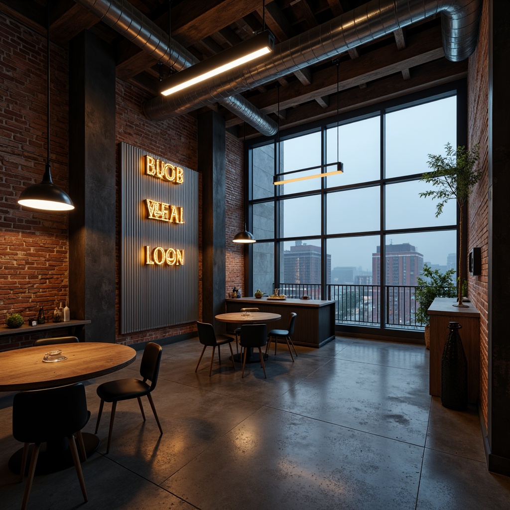 Prompt: Exposed brick walls, distressed concrete floors, metallic beams, industrial pipes, reclaimed wood accents, corrugated metal cladding, neon-lit signage, futuristic LED lighting, minimalist decor, urban cityscape views, foggy atmosphere, cinematic low-key lighting, shallow depth of field, 2/3 composition, realistic reflections, ambient occlusion.