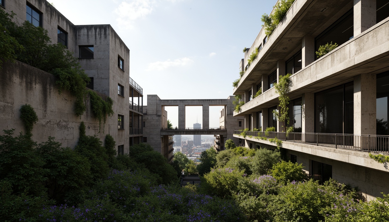 Prompt: Rugged brutalist buildings, raw concrete textures, fortress-like structures, overgrown vegetation, wildflowers, moss-covered walls, weathered steel beams, industrial materials, urban landscape integration, cityscape views, elevated walkways, cantilevered sections, dramatic shadows, harsh natural light, 1/1 composition, symmetrical framing, high-contrast lighting, gritty realistic textures, ambient occlusion.