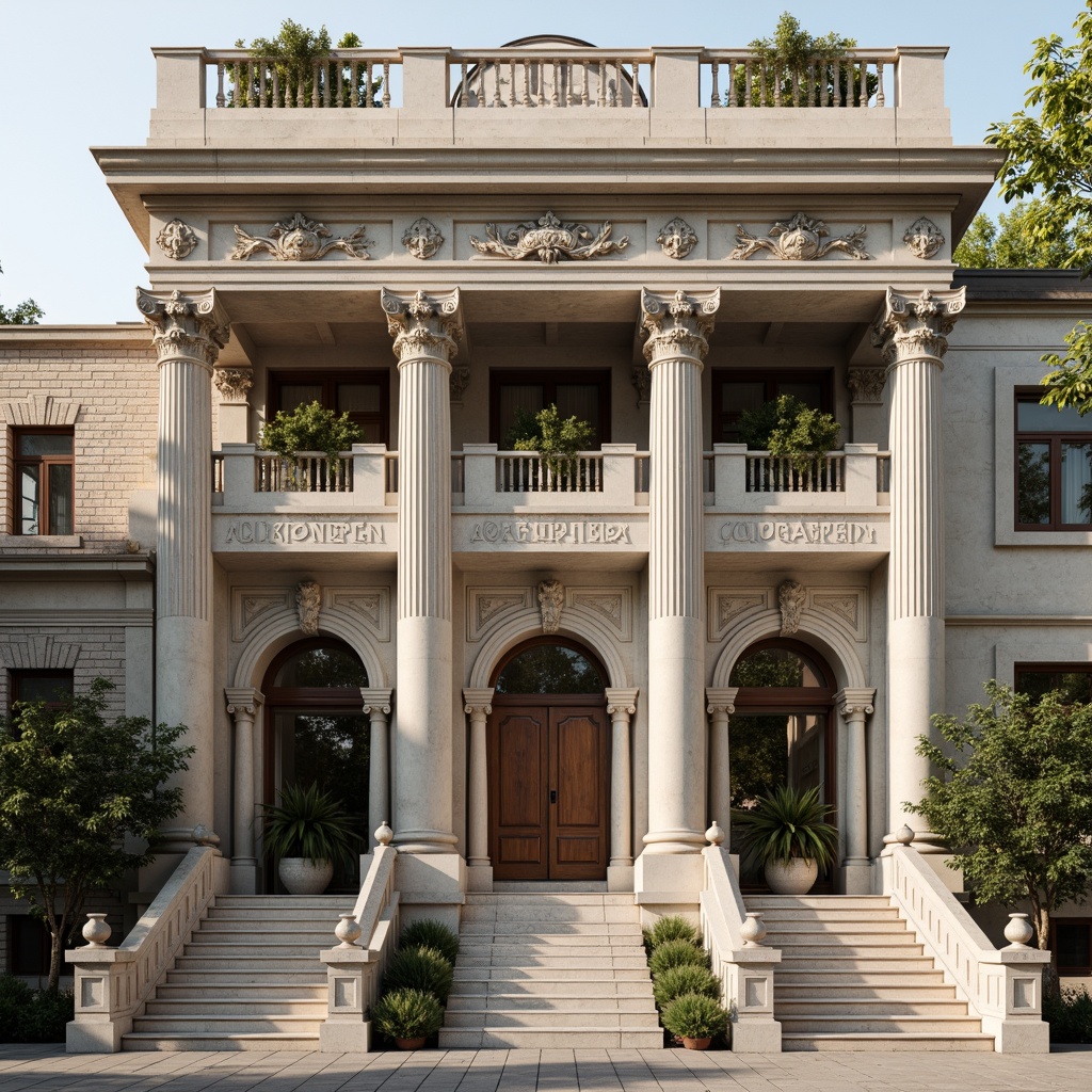 Prompt: Grandiose building facade, ornate columns, intricately carved details, symmetrical composition, classical proportions, limestone or marble materials, subtle color palette, soft natural light, warm afternoon ambiance, shallow depth of field, 2/3 composition, realistic textures, ambient occlusion, ornamental balustrades, decorative friezes, sculpted pediments, grand entranceways, sweeping staircases, elegant archways, refined moldings, luxurious ornamentation.